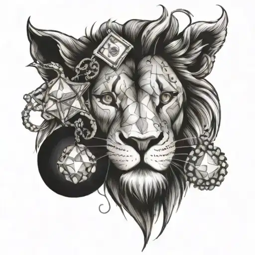 A lion with a diamond-encrusted collar and a money bag in its claws tattoo design idea