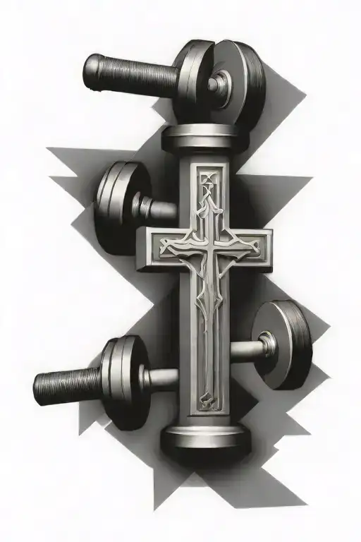 A geometric design incorporating dumbbells and a cross, blending the themes of working out and religion tattoo design idea