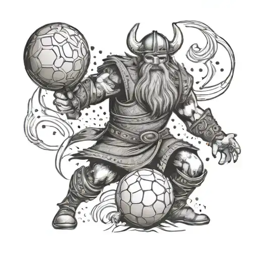 A fierce Viking warrior battling a Chimborazo-inspired monster with a soccer ball as his weapon tattoo design idea