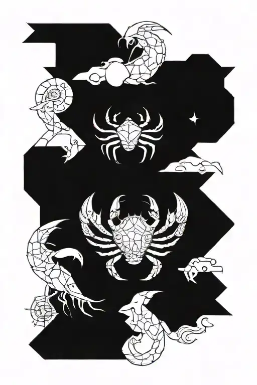 arc angel michael, crab represent zodiac sign, and Mexican pyramid tattoo design idea