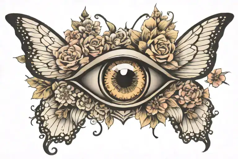 eye symbol incorporated into butterfly surrounded by flowers tattoo design idea