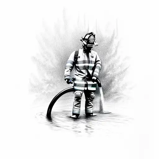 A detailed sketch of a firefighter holding a hose with water splashing around tattoo design idea