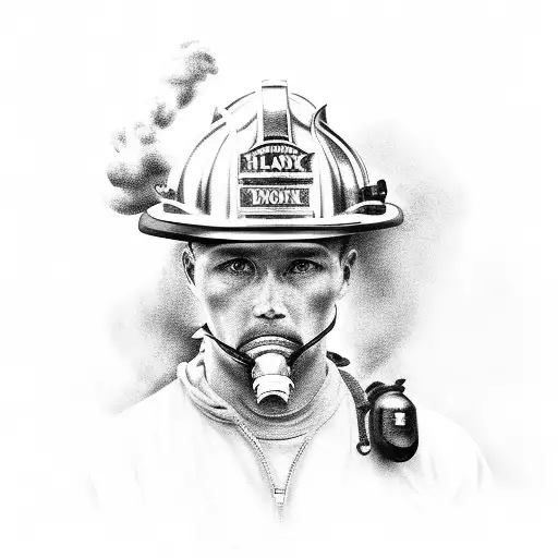 A black-grey portrait of a firefighter with a determined expression and smoke billowing behind tattoo design idea