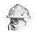 A firefighter helmet surrounded by intricate dotwork flames tattoo design idea