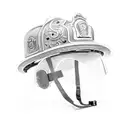 A firefighter helmet surrounded by intricate dotwork flames tattoo design idea