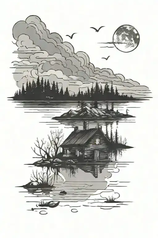 Nightime Lake Landscape With A Cabin On The Water And Cresent Moon In The Sky tattoo design idea