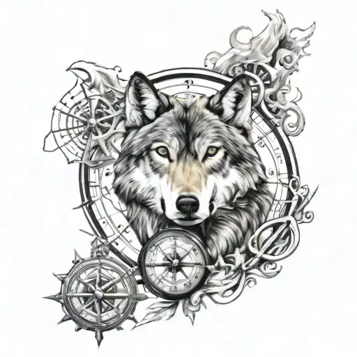 wolf and compass design tattoo design idea