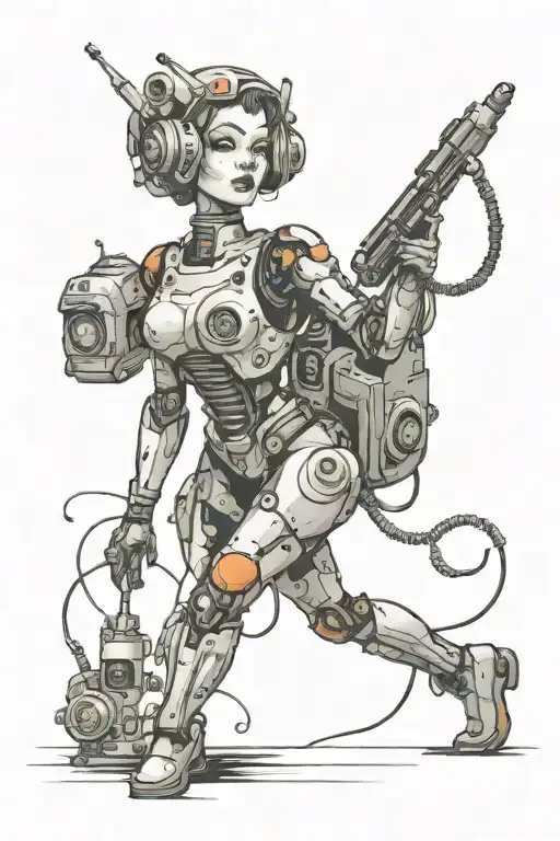 half robotic space girl pin up standing  tattoo design idea