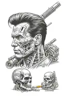 A tattoo of Arnold Schwarzenegger's face morphing into the Terminator T-800 skull tattoo design idea