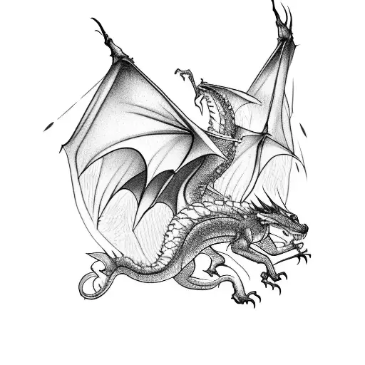 A majestic dragon flying over a campsite surrounded by tall trees tattoo design idea