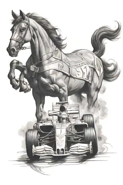 ferrari f1 car racing and a horse  tattoo design idea