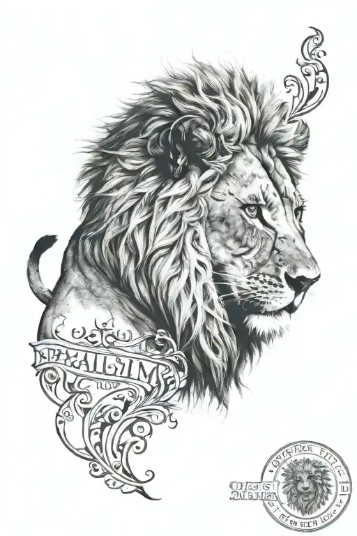 lion with some wise words written tattoo design idea