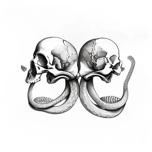2 skulls facing each other in the middl with a snake running up from the from anove and below them and flowers around it tattoo design idea