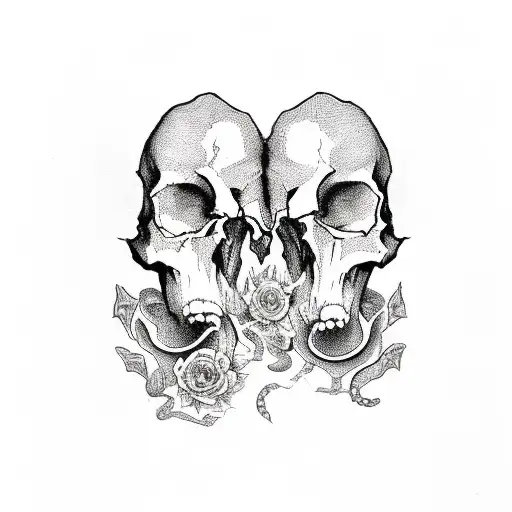 2 skulls facing each other in the middl with a snake running up from the from anove and below them and flowers around it tattoo design idea
