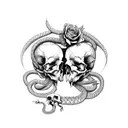 2 skulls facing each other on the hip with a snake running up from the knee to the hip and flowers around it tattoo design idea