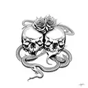 2 skulls facing each other on the hip with a snake running up from the knee to the hip and flowers around it tattoo design idea