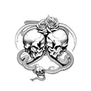 2 skulls facing each other on the hip with a snake running up from the knee to the hip and flowers around it tattoo design idea
