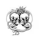 2 skulls facing each other on the hip with a snake running up from the knee to the hip and flowers around it tattoo design idea