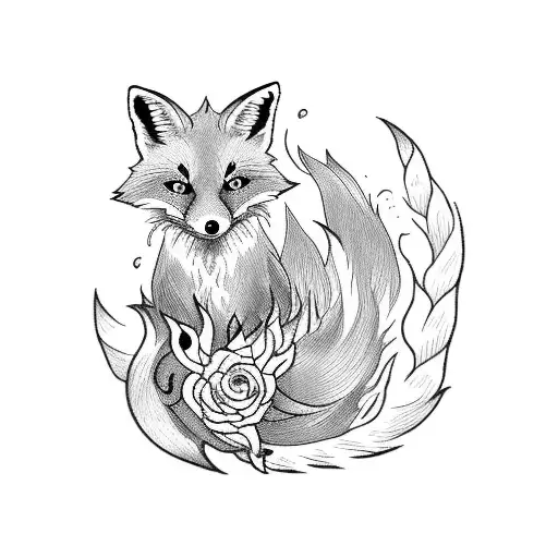 9 tail fox with fire and roses tattoo design idea