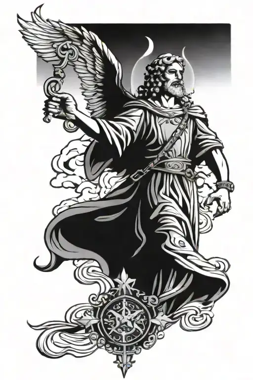 Saint Raphael holding a caduceus with cloudy background tattoo design idea