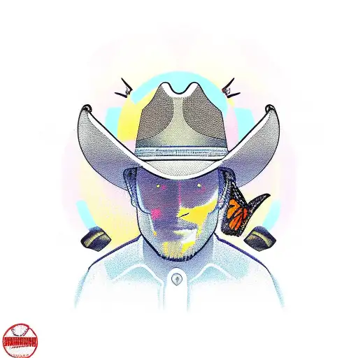 cowboy hat by a sunset with cardinal with monarch butterfly  tattoo design idea
