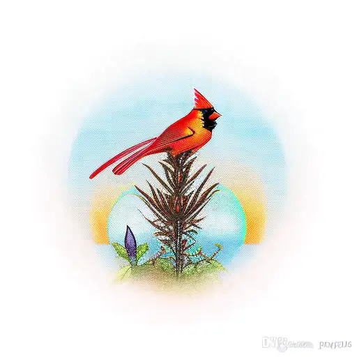sunset with cardinal with monarch butterfly  tattoo design idea