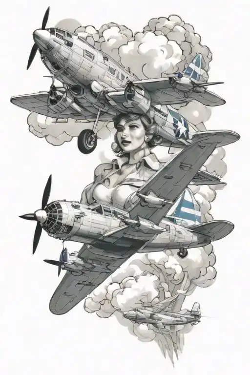 bomber pinup with airplanes steaming across the sky tattoo design idea
