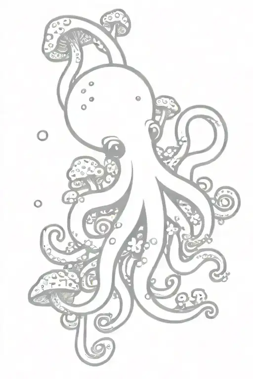 cartoonish octopus with small mushrooms and fungi growing off of it  tattoo design idea