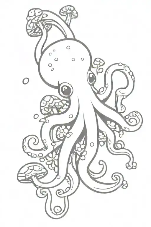 cartoonish octopus with small mushrooms and fungi growing off of it  tattoo design idea