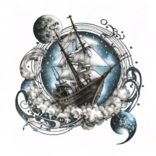 A warrior sailing a boat through a galaxy filled with music notes tattoo design idea