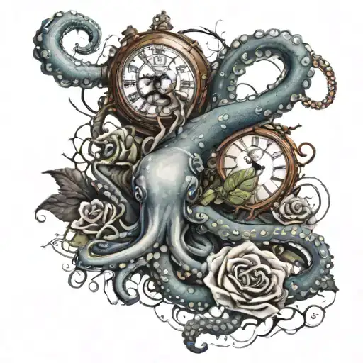 octopus, roses blooming, storm clouds, lightning bolts, pocketwatch, eyes  tattoo design idea