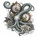 octopus, roses blooming, storm clouds, lightning bolts, pocketwatch, eyes  tattoo design idea