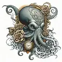 octopus, roses blooming, storm clouds, lightning bolts, pocketwatch, eyes  tattoo design idea