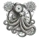 octopus, roses blooming, storm clouds, lightning bolts, pocketwatch, eyes  tattoo design idea