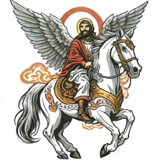 Jesus on a white horse, eyes of fire and a crown, his clothes stained with blood. tattoo design idea