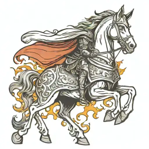 knight mounted on horse, he has eyes of fire, a crown on his head, his clothes full of blood and a long cloak tattoo design idea