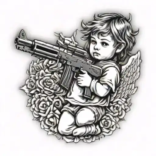 little angel with AK 47 or UZI tattoo design idea