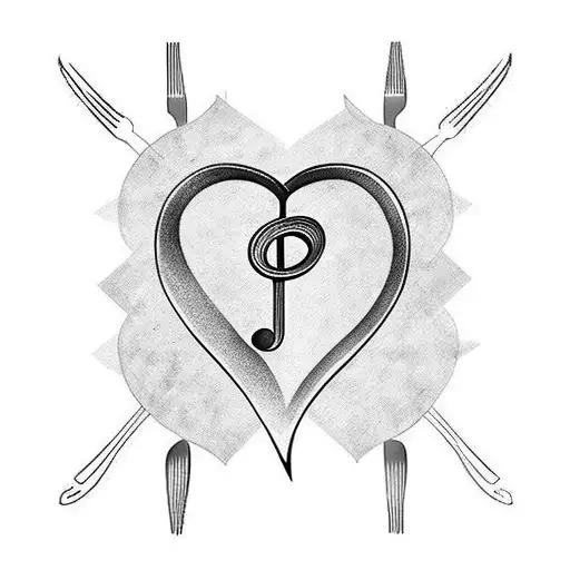 A minimalist tattoo of a fork and a musical note forming a heart shape tattoo design idea
