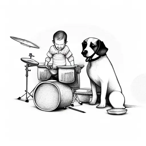 a boy and a dog sitting top of a drum set sketchup tattoo design idea