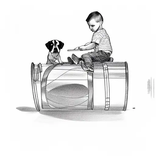 a boy and a dog are sitting on a drum set tattoo design idea