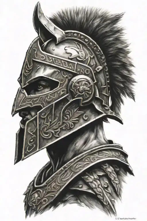 Spartan helmet facting out and to the side, a wolf on the chin of the helmet, a quote on discipline Just under   tattoo design idea