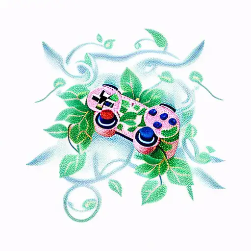 Playstation controller with vines and flowers and fairies tattoo design idea