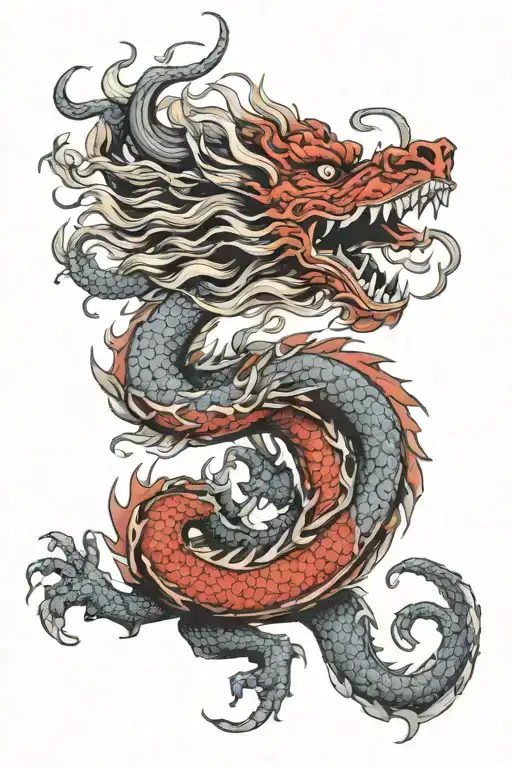 Red chinese dragon. Black English lion tattoo design idea