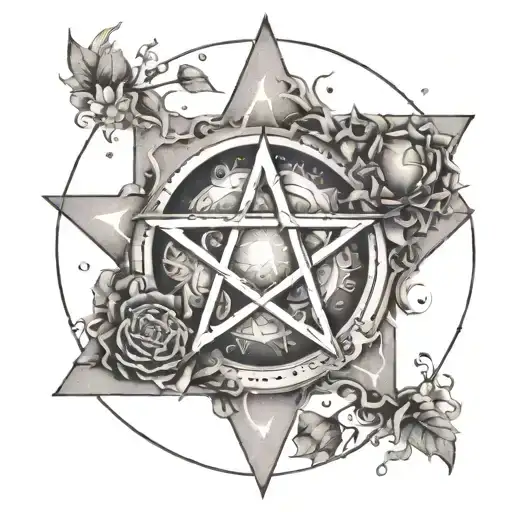 A pentacle symbol surrounded by elements representing earth, fire, air, and water tattoo design idea