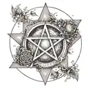A pentacle symbol surrounded by elements representing earth, fire, air, and water tattoo design idea