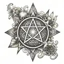 A pentacle symbol surrounded by elements representing earth, fire, air, and water tattoo design idea