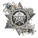A pentacle symbol surrounded by elements representing earth, fire, air, and water tattoo design idea