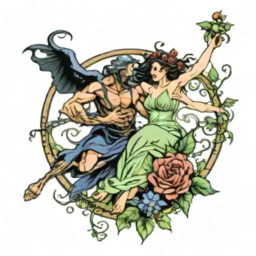 Orpheus reaching down to grab Eurydice with a vine wrapped around her leg pulling her down to Persephone and hades tattoo design idea