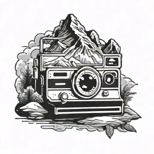 black and white Polaroid camera with mountains in the lens tattoo design idea