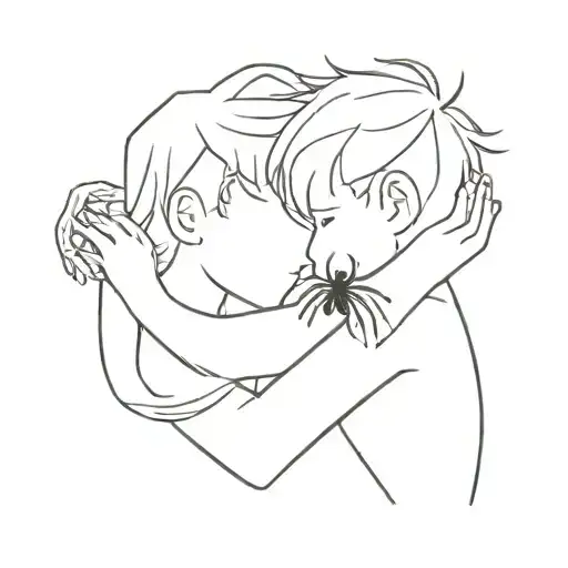 A boy and a spider hugging each other in a minimalist style tattoo design idea